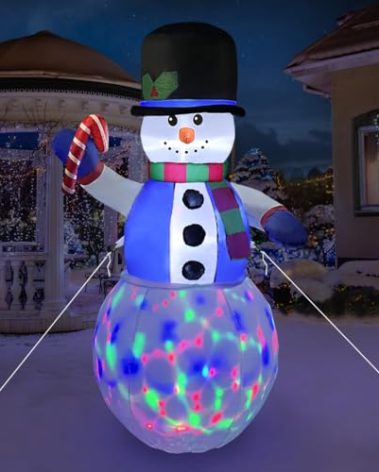 6 FT Christmas Inflatable Snowman Outdoor Decorations, Giant Christmas Inflatable Snowman with Blue Vest and Black Hat, Blow Up Yard Decorations Built-in Rotating Colorful LED Lights for Holiday Xmas
