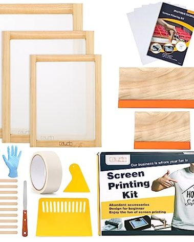 Caydo 23 Pieces Screen Printing Starter kit Include 3 Different Size of Wood Silk Screen Printing Frame with Mesh, Screen Printing Squeegees, Inkjet Transparency Film, Ink Knife, and Mask Tape
