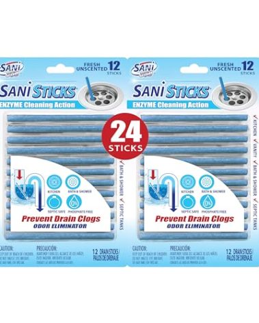 SANI 360° Sani Sticks Drain Cleaner and Deodorizer, 24 Count, Unscented Enzyme Pipe Cleaners, Eliminate Odors, Prevent Clogged Drains, Safe for Sinks, Bathtub Drains, Septic Tanks