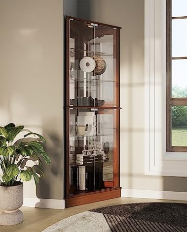 BELLEZE Lighted Corner Display Curio Cabinet Wooden Shelving Unit with Tempered Glass Door, Bar and Liquor Storage Area with 6 Shelves - Woody (Oak)