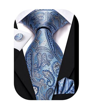 Hi-Tie 63''Ice Blue Ties for Men Silk Paisley Extra Long Men's Ties Set Necktie and Pocket Square Cufflinks for Wedding