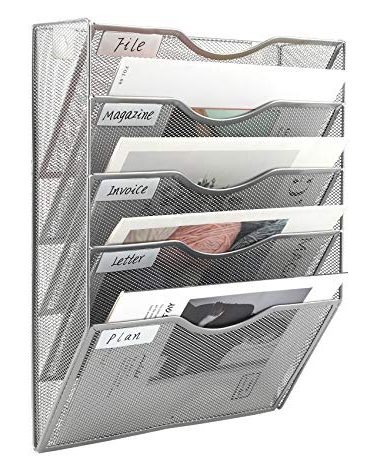 EasyPAG Hanging Wall File Organizer, 5 Pocket Wall Mounted Mail Organizer, Vertical Document Folder Holder with Nametag Label, Space Saving Paper Storage Magazine Rack for Office Home School, Silver