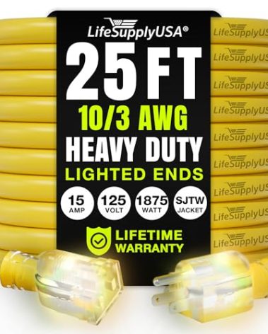 25ft Outdoor/Indoor Extension Cord 10/3 Gauge Ultra Heavy Duty 3 Prong SJTW, Waterproof, Flexible Cold-Resistant Long Power Cord,15A 125V 1875W, Yellow by LifeSupplyUSA