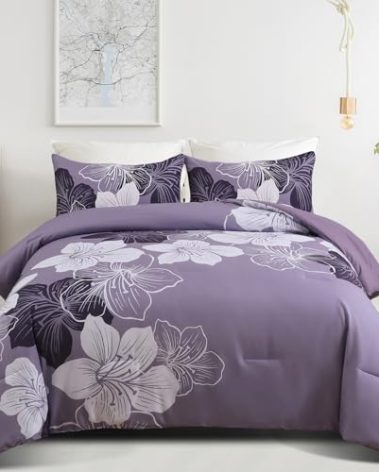 Menghomeus King Size Comforter Set Dark Purple Floral Bedding Comforter Sets Soft Microfiber Bed Comforter Set for All Season, 3 Piece Botanical Flowers Comforter, Pillowcases
