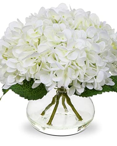 Hollyone Hydrangea Artificial Flowers with Vase White Silk Fake Flowers Arrangements in Glass Vase with Faux Water for Home Bathroom Office Table Centerpiece Shelf Decorations