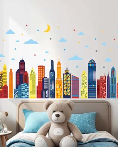 Amimagen Colorful City Skyline Wall Stickers - City Building Silhouette Wall Decals - Boys Nursery Kids Bedroom Living Room Wall Decor