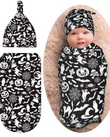 Halloween Goth Newborn Swaddle Blanket Baby Stuff Gothic Baby Swaddling Blanket with Beanie Set Soft Sleeping Sack for Unisex Girls Boys