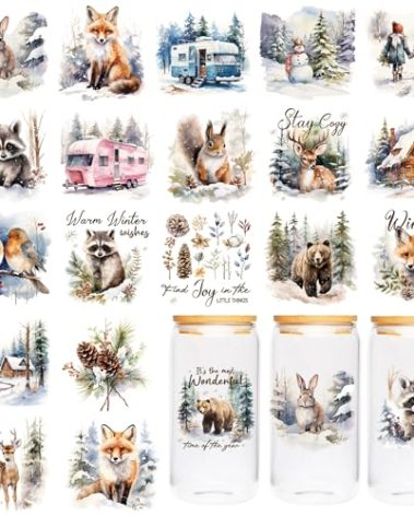 Christmas UV DTF Cup Wraps - 20 Sheet Winter UV DTF Transfer Stickers, Forest Animal Uvdtf Cup Wraps for 16 oz, Bear Fox Deer Snowman Style, Waterproof Rub on Transfer DIY Crafts