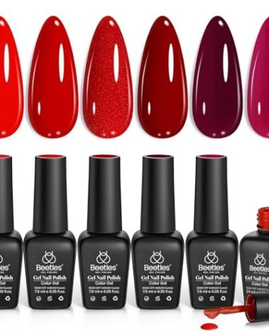 Beetles Red Gel Polish Set - 6 Colors Red Nail Gel Polish Popular Jelly Shimmer Regular Collection Nail Art Design Soak Off Uv LED Nail Kit Minicure DIY Home Salon Valentines Gift for Women