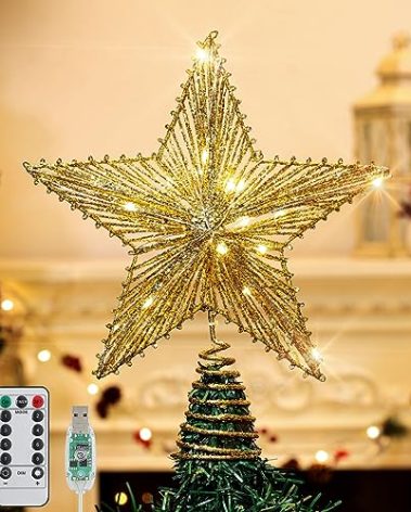Roylvan Star Tree Topper with 8 Lighting Modes, Glitter Christmas Star Tree Top Light, USB Powered Decorative Treetop Light Xmas Tradition Tree Ornament for Home Decor, 9.8 x 11.8 inch, Gold