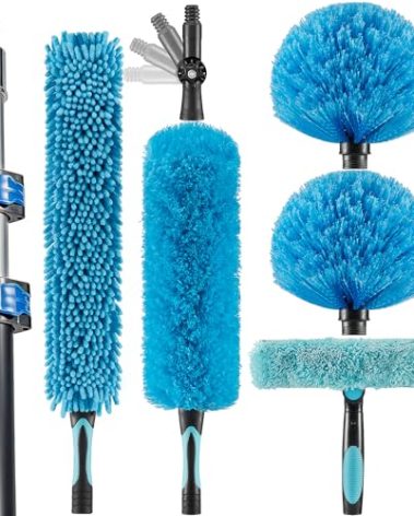 Hicavar 20 Foot High Ceiling Fan Duster with 5-12ft Extension Pole, Extendable Reusable Cobweb, Feather, Window Cleaning Squeegee Kit