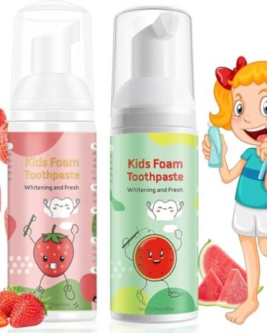 Foam Toothpaste Kids, Kids Foam Toothpaste, Toddler Toothpaste with Low Fluoride for U Shaped Toothbrush, Children Oral Cleaning for Ages 3 Plus (2PCS, Watermelon+Strawberry)