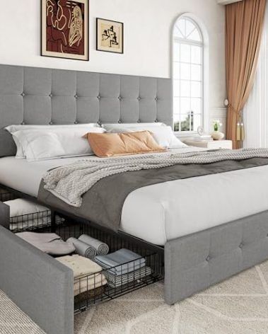 Allewie Upholstered King Size Platform Bed Frame with 4 Storage Drawers and Headboard, Square Stitched Button Tufted, Mattress Foundation with Wooden Slats Support, No Box Spring Needed, Light Grey