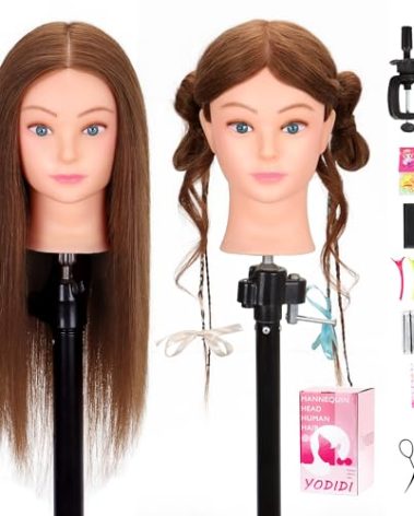 Mannequin Head Human Hair 22"-24" Female 100% Human Hair Mannequin Head Hair Styling Cosmetology Manikin Head Doll Head for Hairdresser with Clamp Holder and Tools (dark brown)