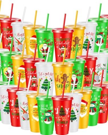 Suttmin 32 Pcs Christmas Plastic Tumbler with Lids and Straws 24 oz Reusable Christmas Party Cups Xmas Plastic Drinking Cups for Xmas Party Supplies