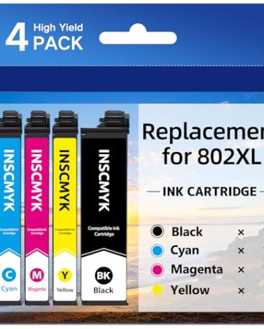 Remanufactured Replacement for 802XL Ink Cartridges for Epson Printer Replacement for Epson 802XL Ink Cartridges for Epson WF-4734 WF-4730 WF-4720 WF-4740 EC-4040 EC-4030 EC-4020 Printer (4 Pack)