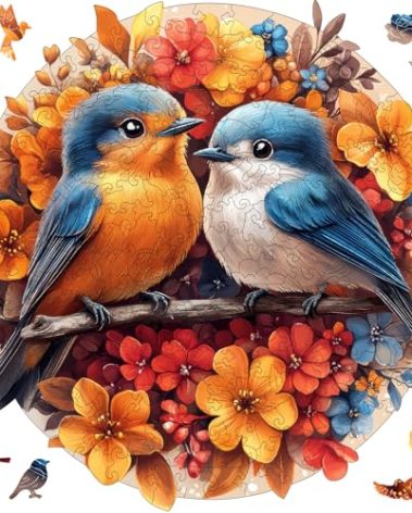Mys Aurora Wooden Puzzles for Adults, Robin Bird Couple Jigsaw Puzzles 200 Pieces, 11 x 11.2 Inch, Medium, Unique Shaped Round Blue Birds Puzzles for Adults and Kids, Family Game