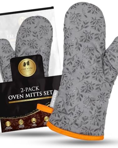 Premium Heat-Resistant Oven Mitts - Stylish and Beautiful - Non-Slip Platinum Silicone Grip - Long and Thick - 100% Natural Cotton Exterior and Soft Terry Cloth Lining - Cook'n'Chic Set of 2 - Gray