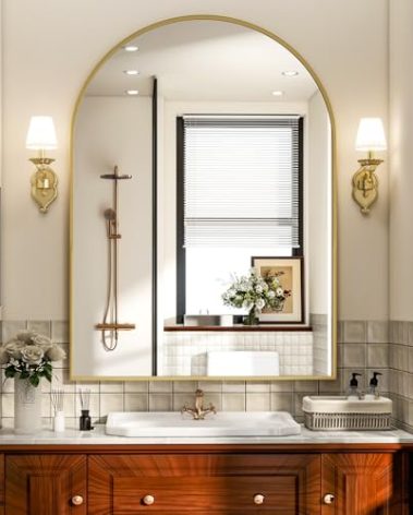 Arch Bathroom Mirror, 26x38 inch Arched Bathroom Mirror/Wall Mounted Vanity Mirror - Arch Metal Frame Wall Mirror for Bathroom Bedroom Living Room, Gold