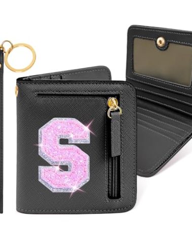 COSHAYSOO Initial RFID Wallet Small Monogrammed Letter Birthday Christmas Gifts for Preteen Tween Teen Girls Age 5 6 7 8 9 10 11 12 13 14 15 Year Old Preppy Cute Girly Stuff Travel Things Black S