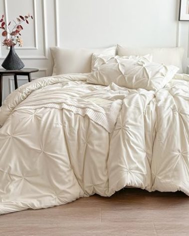 Maple&Stone Full Size Comforter Sets, 7 Pieces Bedding Sets Full, Pintuck Bed in a Bag Bed Set with Comforter, Sheets, Pillowcases & Shams - Cream