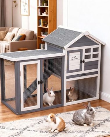 GEGURI Large Rabbit Hutch Indoor Outdoor Chicken Coop Wooden Bunny Cage with Waterproof Roof (48''L x 24''W x 36''H Grey)
