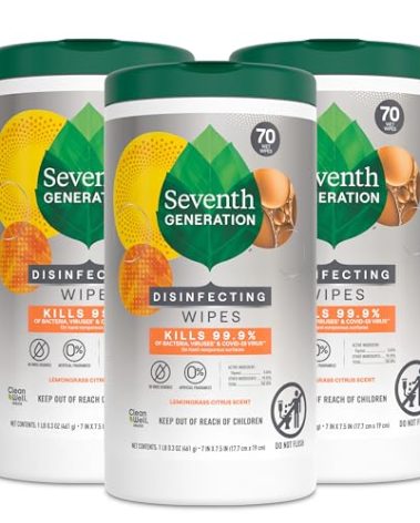 Seventh Generation Disinfecting Multi-Surface Wipes, Lemongrass Citrus, 70 Count, Pack of 3 (Packaging May Vary)