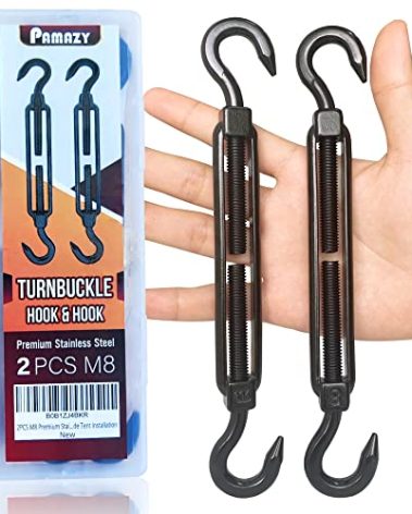 2PCS M8 Premium Stainless Steel Hook & Hook Turnbuckle, Black Turnbuckle for Wire Rope Tension, Shade Sail Hardware, Sun Shade Tent Installation