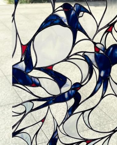 ChicSkin Original Hand-Drawn Faux Stained Glass Window Film Swallow, Double Sided Decorative Window Film Vintage for Glass Window Door, Summwer Window Clings Flying Swallow 11.81"X39.37"