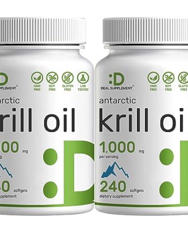 DEAL SUPPLEMENT 2 Pack Antarctic Krill Oil, 1,000mg Per Serving, 480 Softgels – Mercury Free, No Fishy Taste – Rich in Omega-3s, EPA, DHA, Astaxanthin, & Phospholipids – Non-GMO, No Gluten