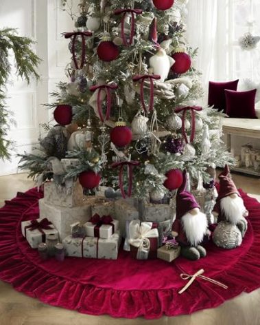 Vertintong 60 Inches Velvet Christmas Tree Skirt Wine Red with Gold Bow Fur Plush Tree Skirt Luxury Xmas Skirts for Merry Christmas Party Vintage Holiday Decorations