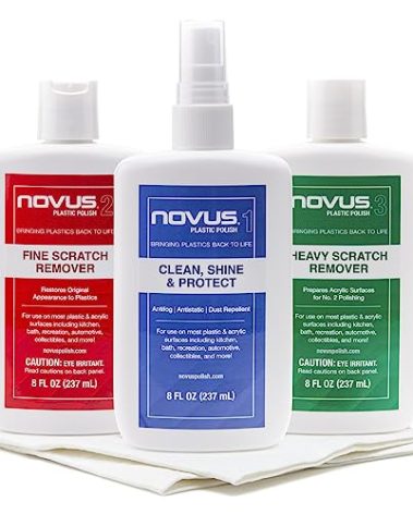 NOVUS-PK1-8 | Plastic Clean & Shine #1, Fine Scratch Remover #2, Heavy Scratch Remover #3 and Polish Mates Pack | 8 Ounce Bottles