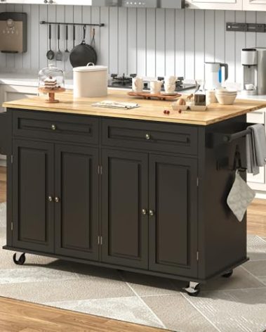 59" W Rolling Kitchen Island with Drop Leaf – Movable Kitchen Carts on Wheels Island with Storage Cabinet, Island Table for Kitchen with Rubber Wood Top and Rack and Drawer, Matte, Black