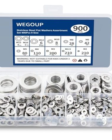 WEGOUP 900 Pcs Stainless Steel Flat Washers for Screws, 304 Stainless Steel, Assorted Sizes (M2 M2.5 M3 M4 M5 M6 M8 M10 M12) for Industrial Use, Washers for Bolts