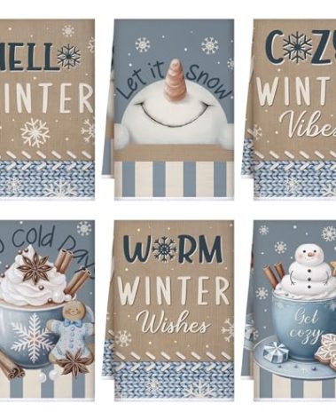 Preboun 6 Pcs Winter Snowman Kitchen Towels Christmas Snowman Cocoa Hand Towels Hello Winter Dish Cloth Decorative Farmhouse Xmas Tea Cloth Absorbent for Holiday Kitchen Bathroom Decor