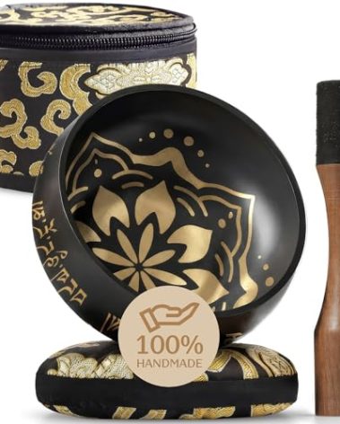 Handmade Tibetan Etched Singing Bowl Set with Case – Meditation Bowl & Sound Bowl with Cushion, Mallet & Guide – Stress Relief Instruments – Yoga Therapy Tools – Mindfulness Gift Set