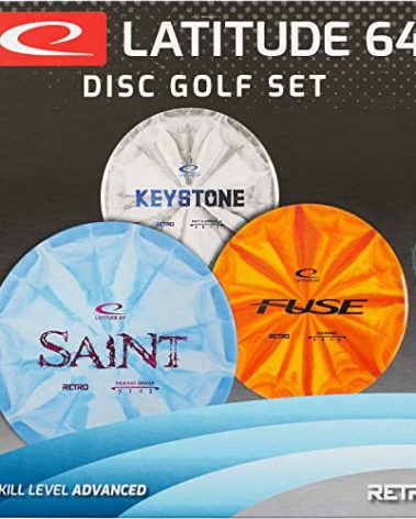 Latitude 64 Retro Burst Disc Golf Starter Set (3-Pack) - Includes Keystone, Fuse, Saint | Grippy Base Plastic | Perfect Beginner Disc Golf Set | Contains Putter, Midrange & Driver | Colors Will Vary