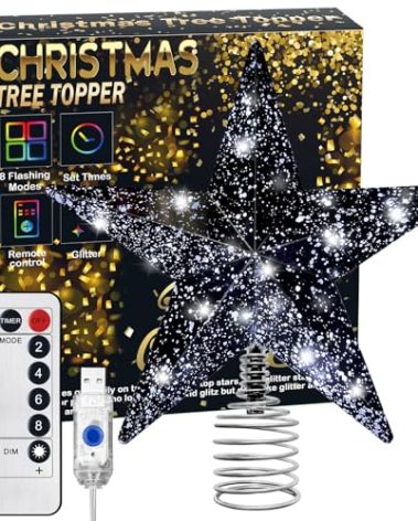 Black Christmas Tree Star Topper with Lights, 8.5-Inch Light-Up Christmas Tree Topper with Remote Control, 4 Brightness Levels & 8 Light Modes, Faux Mercury Glitter Design with 20 Lights