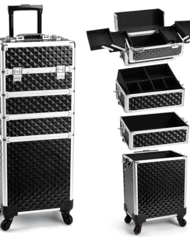 Yueieoun Rolling Makeup Train Case, 4-in-1 Cosmetology Case on Wheels, Nail Tech Cart for Travel, Professional Cosmetic Vanity Case, Suitcase for MUA/Manicure/Tattoo/Style, Lockable Storage Box, Black
