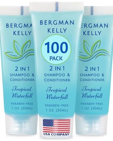 Bergman Kelly - Travel Size 2 in 1 Shampoo & Conditioner - 1 fl oz, 100 PK, Tropical Waterfall - Delight Your Guests w/Invigorating & Refreshing Shampoo Amenities - Small Hotel Toiletries in Bulk