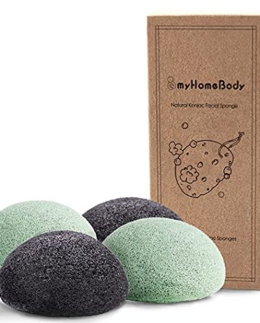 myHomeBody Natural Konjac Facial Sponges - for Gentle Face Cleansing and Exfoliation - with Activated Charcoal and Aloe Vera, Set of 4