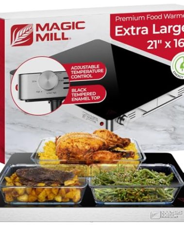 Magic Mill Premium-Grade Glass Food Warmer for Parties Buffet, XL Stainless Steel Modern Electric Warming Tray, Adjustable Temperature Control, Advanced Precision-Engineered Heating System Size-21x16