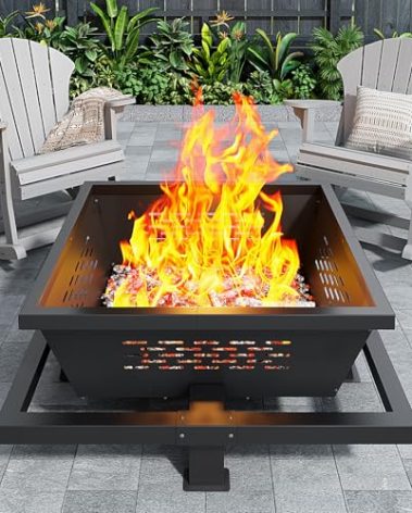 Auhilence 42" Large Fire Pit, Square Outdoor Fire Pit with Poker, Wood Burning FirePit for Camping, Backyard, Patio