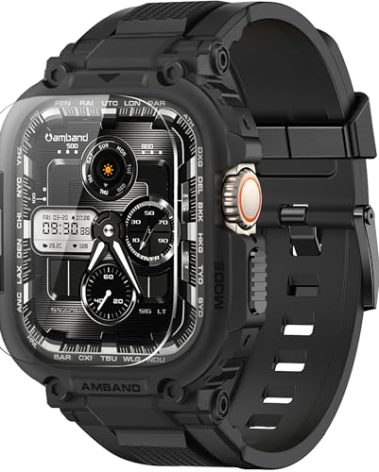 amBand Bands Case Screen Protector Compatible with Apple Watch Ultra 3/2/1 49mm for Men, M1 Sport Series Rugged Cover Strap and 9H Tempered Glass, Military Protective Bumper for iWatch 49 mm Men Black
