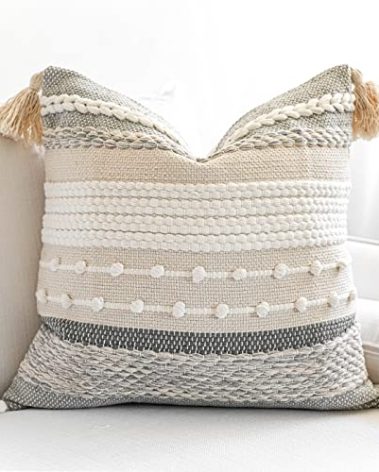 BlissBlush Gray Boho Throw Pillow Cover 22x22, Grey Decorative Accent Pillow for Couch, Square Woven Textured Pillowcase, Modern Farmhouse Pillow for Bed, Bohemian Pillow Cover (Pack of 1)