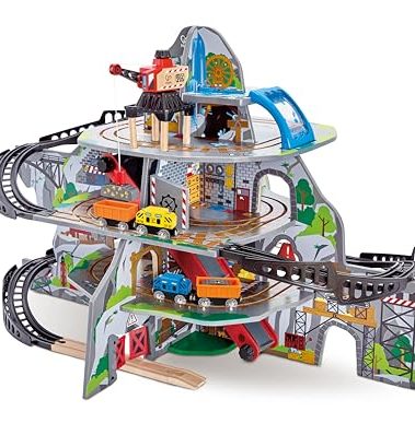 Hape Wooden Railway Mighty Mountain Mine Railway Playset| 4-Level Railway Train Track Playset with Crane and Magnetic Train Cars for Kids