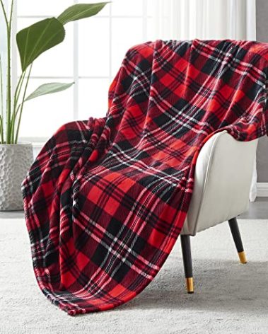 SOCHOW Flannel Fleece Throw Blanket 90 x 108 Inches, All Season Plaid Red/Grey Blanket for Bed, Couch, Car