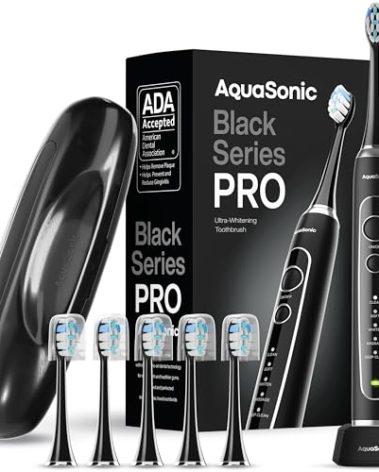 Aquasonic Black Series PRO – Ultra-Whitening Electric Toothbrush – 5 Modes & Smart Timers – Premium Travel Case & 6 Proflex Brush Heads – ADA Accepted Toothbrush