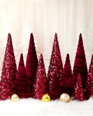 Ireer 12 Pcs Christmas Velvet Trees Set Various Size Velvet Cone Modern Decorations Indoor Table Tree Centerpiece Minimalist Xmas Holiday Winter Home Decor(Burgundy)