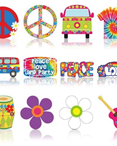 Junkin 60 Pieces 60's Hippie Groovy Party Tie Dye Birthday Party Decoration Cutouts Accents Hippy Retro Flower Peace Sign Cutouts 60's Vibe Wall Decoration